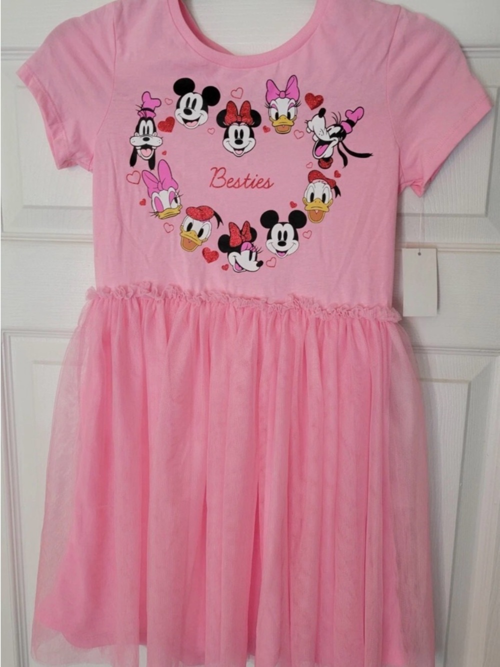 Girls Minnie Mouse Large L Dress Pink Tulle Besties Donald Duck Short Sleeve New